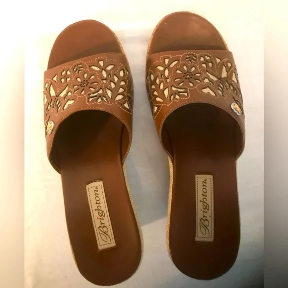 Brighton Moira Caramel Calf Leather with Natural Linen Wedge Sandals 7 1/2 Med - Picture 5 of 12